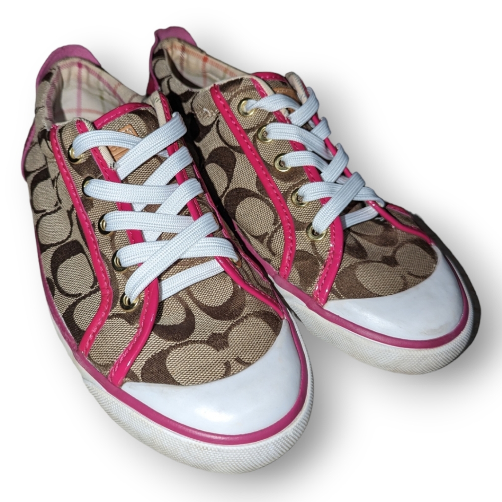 Woman's Pink and Tan Signature Low Top Designer Sneakers by Coach